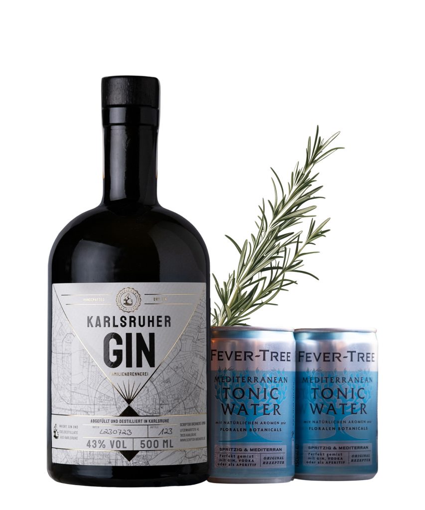 Unseren Karlsruher Gin gibt es jetzt als Perfect Serve Angebot mit 2 Fever Tree Tonic und frischen Rosmarinzweigen